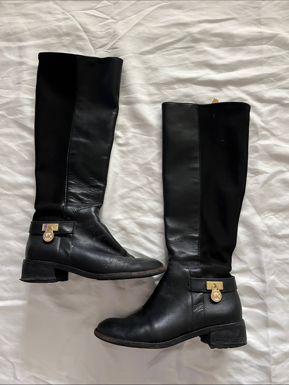 Michael Kors Black Leather & Stretch Over-the-Knee Boots with Gold Hardware
